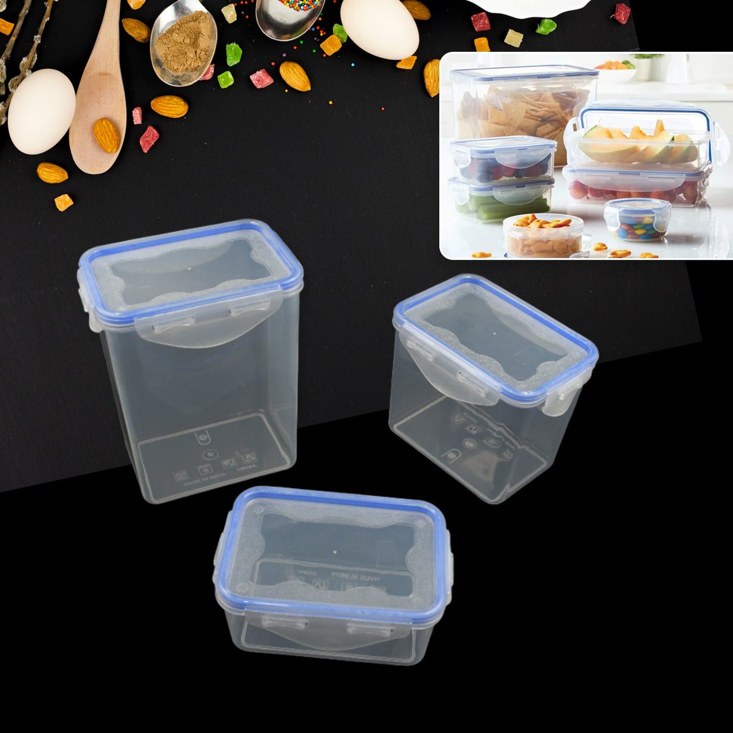 5496  Kitchen Storage Container Set with Food Grade Plastic and Air Seal Lock Lid for Storage of Grocery, Spices, Dry fruits Use For Home, Office, Restaurant, Canteens (3 Piece Set)