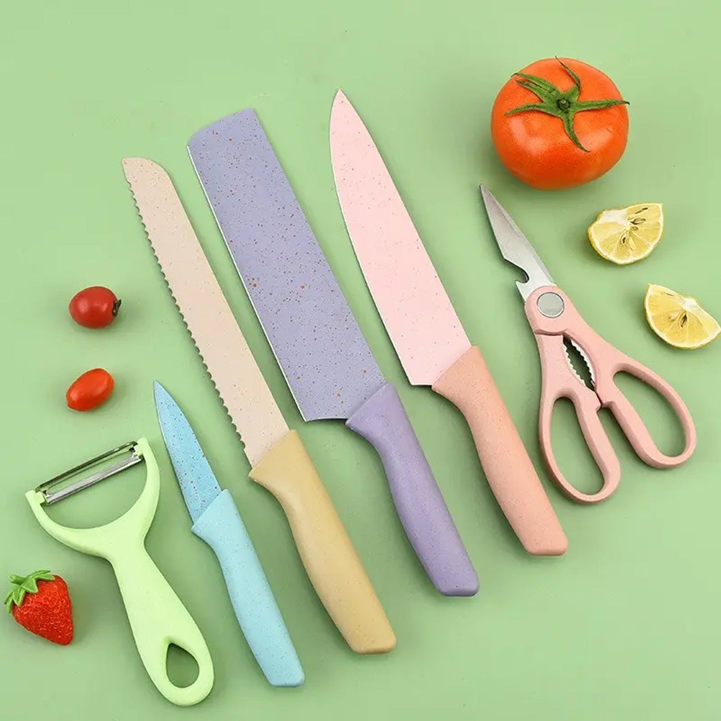 2948A Professional Colorful Kitchen Knives Set of 6 Pieces, Non-Stick Blades with High Carbon Stainless Steel, Sharp Kitchen Cutting Knives Set for Slicing, Paring and Cooking, Chef Kitchen Knives Set