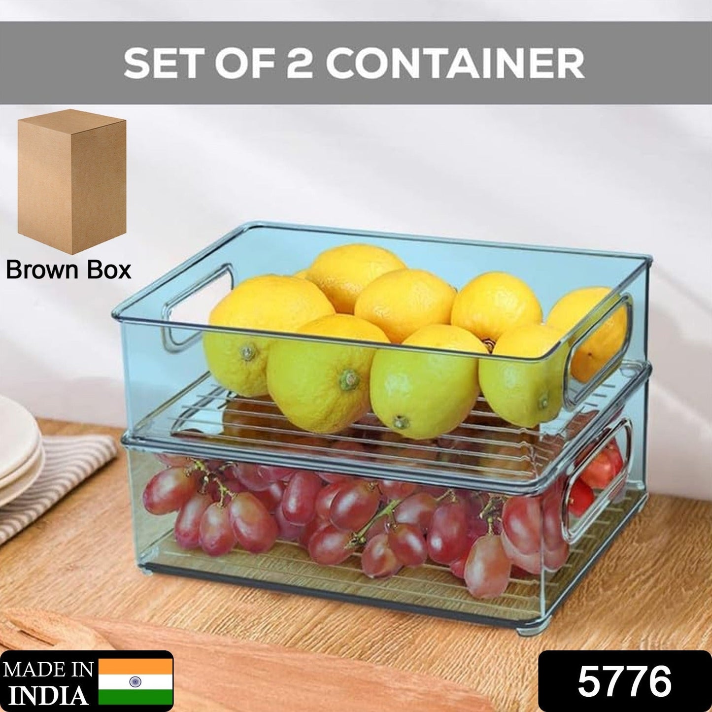 5776 Plastic Refrigerator Organizer Bins, Set Of 2 Stackable Fridge Organizers with Handle, Clear Organizing Food Fruit Vegetables Pantry Storage Bins for Freezer kitchen Cabinet Organization and Storage (2 Pcs Set Mix Color)